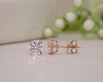2 CT Round Brilliant Lab grown diamond  Stud earring, 14k Rose gold Stud Earrings, 4-Prong Push Back Stud, Gift for mother, wife, daughter.