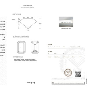 May include: A laboratory-grown diamond report from the International Gemological Institute (IGI) for a 1.00 carat emerald cut diamond. The report details the diamond's color, clarity, cut, and other grading information. The report number is LG667447658.