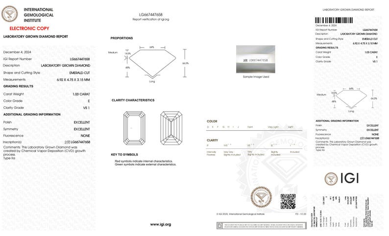 May include: A laboratory-grown diamond report from the International Gemological Institute (IGI) for a 1.00 carat emerald cut diamond. The report details the diamond's color, clarity, cut, and other grading information. The report number is LG667447658.