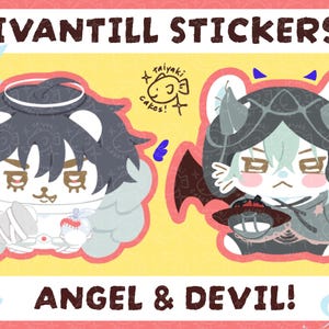 Op de afbeelding: Ivantiill-stickers met een engel en een duivel. De engel is wit met een halo, met een klein glas met rode vloeistof. De duivel is grijs met hoorns en vleugels, met een lantaarn. De achtergrond is geel en roze.