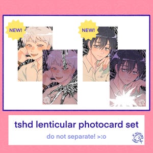 May include: A set of four anime-style photocard images. Two images feature a light-haired character, and two feature a dark-haired character. Each image is labeled "NEW!" in a yellow starburst. The text "tshd lenticular photocard set" and "do not separate! >:o" are also present.