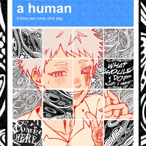 May include: A digital art print with the text "TSHD CAPTCHA PRINT". The image features a grid with a human face and the prompt "Select all squares with a human". The art style is anime-inspired.