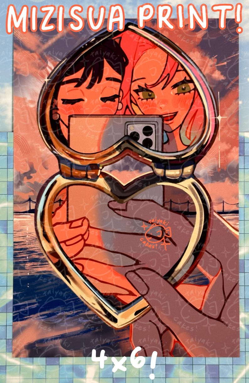 May include: A print featuring a heart-shaped mirror reflecting two people taking a selfie. The mirror is gold-colored, and the print has the text "MIZISUA PRINT!" and "4x6!" at the bottom. The background has a water-like pattern.