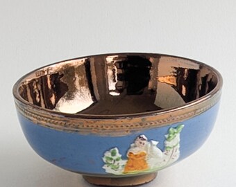 19th Century Copper Lustreware Bowl, Antique Blue Staffordshire Pottery Bowl