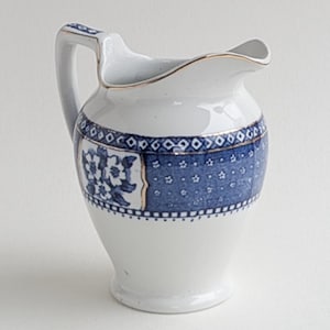 Jarra de leche antigua de Till & Sons, jarra eduardiana azul y blanca dorada