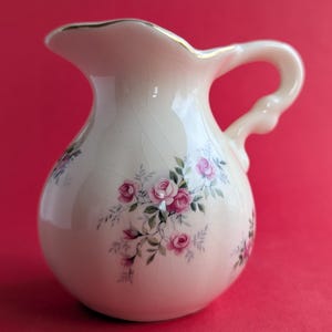 Vintage Ditsy Milk Jug, Pink Floral Rose Pitcher with Gold Rim