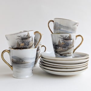 Set of Six Mid Century Japanese Demitasse Cups and Saucers, Mount Fuji Coffee Cups with Matching Saucers
