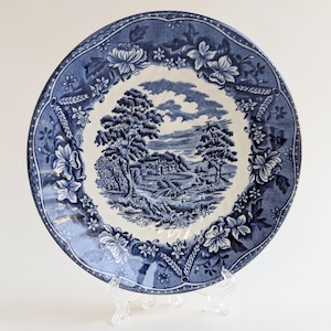 Set of Four Vintage Staffordshire &#39;Old Castle&#39; Saucers, Blue and White Transferware Barratt&#39;s Plates