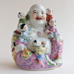 Vintage Chinese Laughing Buddha with Children, Hand Painted Famille Rose Porcelain Figurine