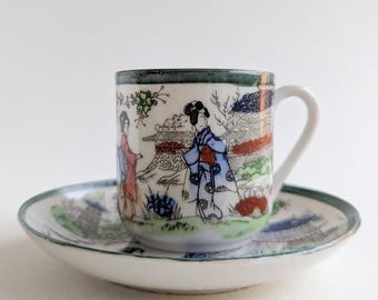 Taza de café y platillo de geisha japoneses vintage, taza demitasse de cerámica de geisha pintada a mano