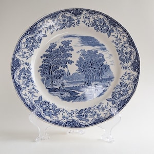 Set of Four Vintage Barker Bros Dinner Plates, Royal Tudor Ware &#39;Olde England&#39; Pattern, Blue and White Stoneware Plates