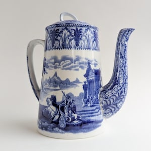 1930s Cauldon Coffee Pot, Blue and White &#39;Chariot&#39; Design