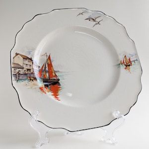 Vintage Myott Staffordshire 'Vandyke' Dinner Plate, Scalloped Art Deco Plate with Sail Boat Design