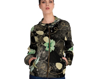 Women Full Zip Hoodie Floral Fashionista Jacket Stylish Outerwear Active Lifestyle Apparel, Floral Design Zip Up Sweatshirt Hoodie