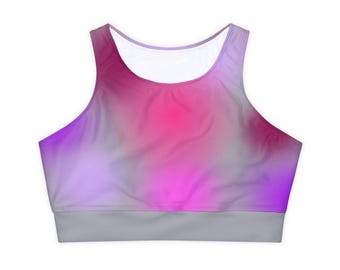 Sports Bra Fully Lined Padded Sports Bra Support Bra Purple Fog Geo Pop on Gray
