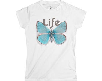 Camiseta Comfort Fit Garden Design Teal Butterfly Cotton Tee Camiseta justa Camiseta macia Camiseta feminina