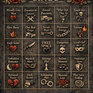 Puede incluir: Tablero de juego de bingo Dark Romance con una estética vintage. Presenta una cuadrícula de casillas temáticas como "Enemies to Lovers", "Forbidden Romance" y "Obsessive Love". Incluye rosas, una daga y el texto "How many tropes can you check off tonight?"