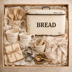 Puede incluir: Una caja de regalo de cocina vintage con una panera crema con la palabra "BREAD" en letras negras. Incluye tazas medidoras, cucharas, un mortero y un mortero, y un delantal floral. Los artículos están dispuestos en una caja de madera.