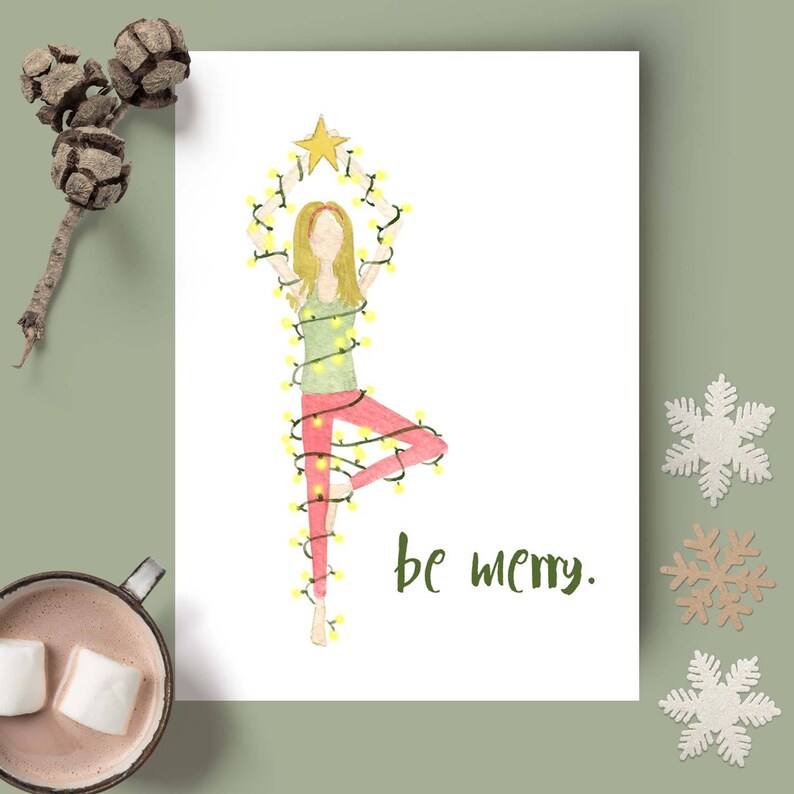 Be Merry, Yoga Holiday Card // Blank Inside // Yoga Christmas Card // Yoga Holiday Stationary // Yoga Greeting Card // Gifts for Her image 1