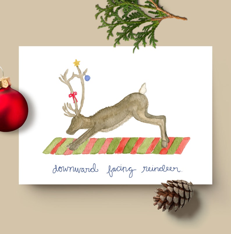 Downward-Facing Reindeer Yoga Holiday Card // Blank Inside // image 0