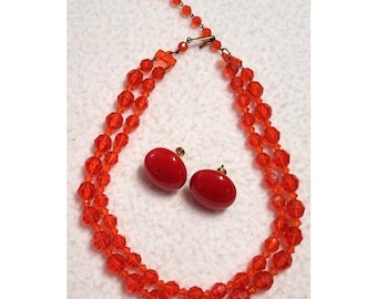 Vtg 1950s Red Celluloid Beaded Necklace Choker Signed Germany Screwback Earrings