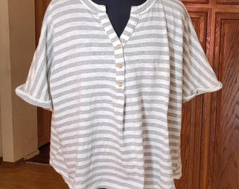 VTG Notations grijs/wit gestreept L/S dames T-shirt 2X Top Henley Y2K 80s 90s