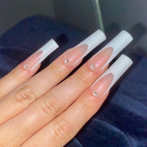 XL square white French tip glittery rhinestone press on nails