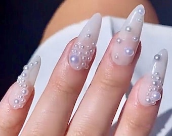 Medium almond milky pearl press on nails