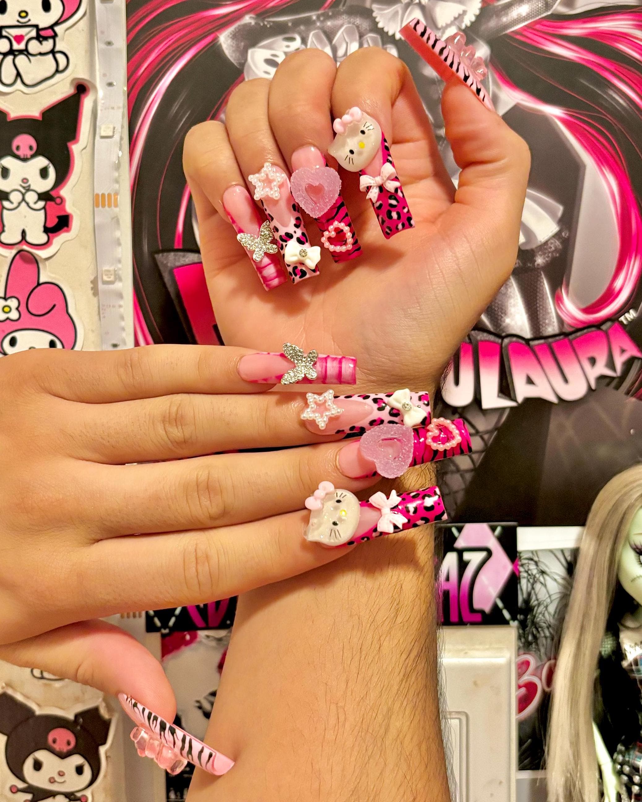 XL Square Trashy Y2k Pink Cheetah and Zebra Print French Tips With