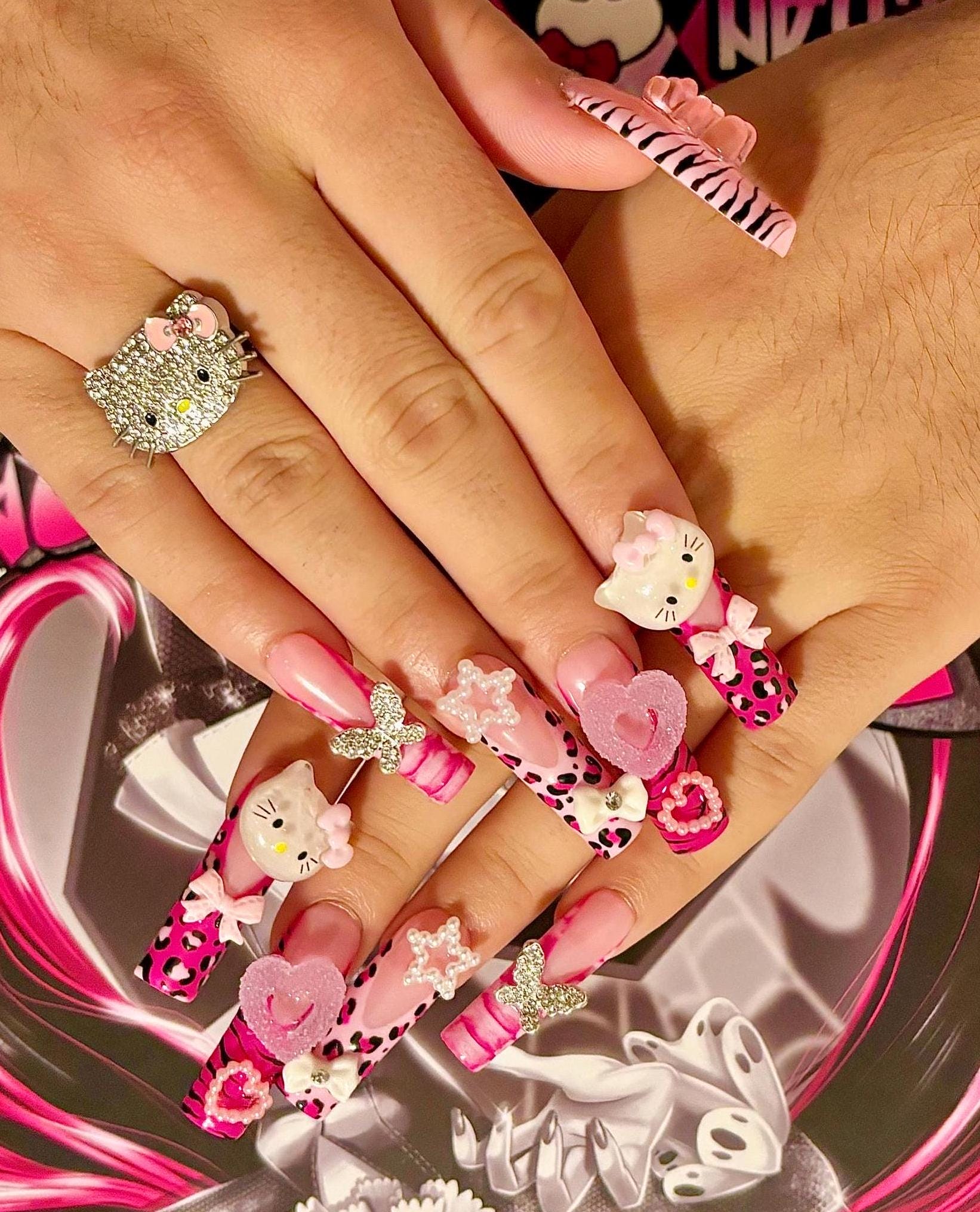 XL Square Trashy Y2k Pink Cheetah and Zebra Print French Tips With