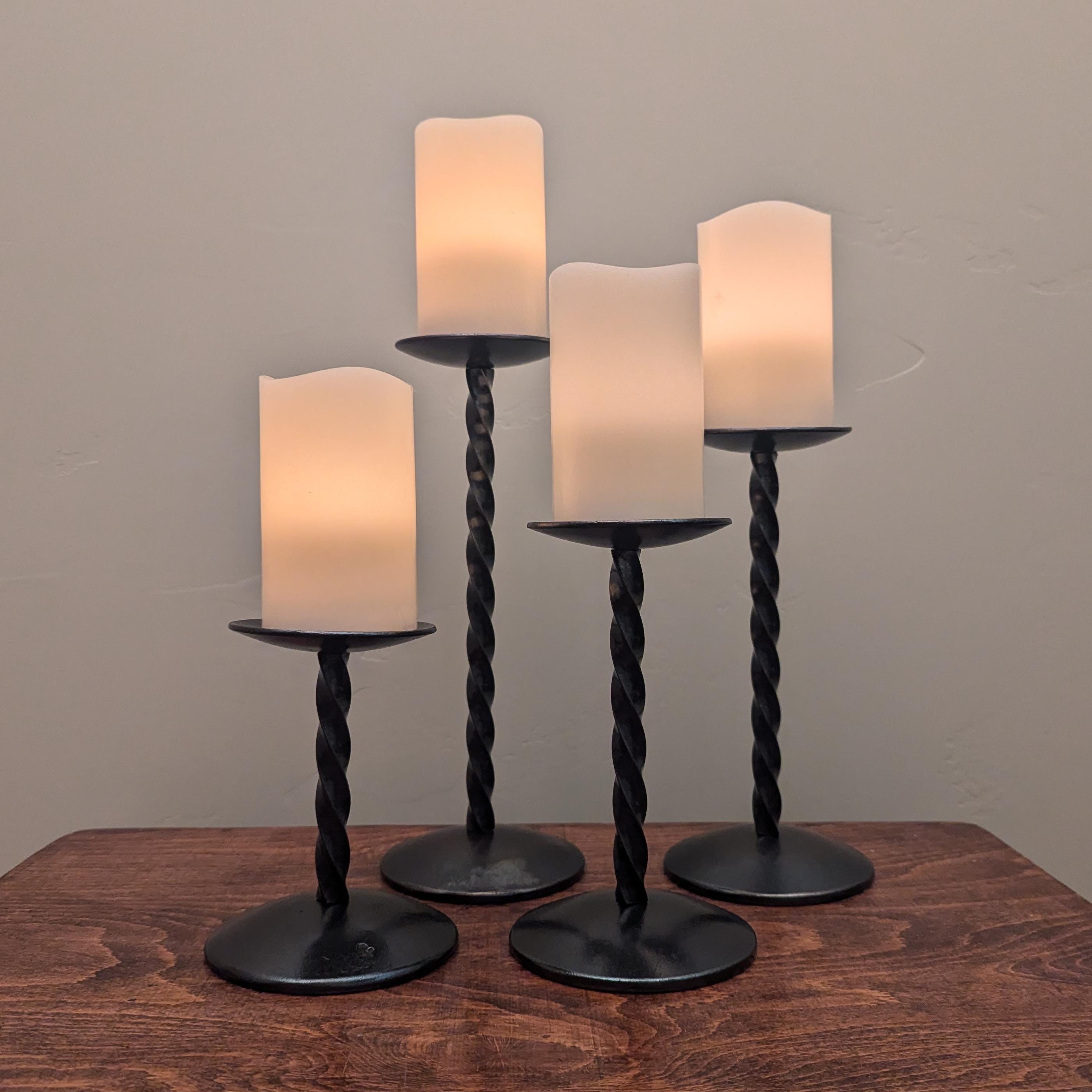 Pillar Candle Holders, Hand-Forged, Industrial Modern, Rustic Pillar Candle Holder with Removable Spike and Heavy Round Base