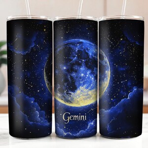 Gemini Zodiac Tumbler Wrap, Blue and Gold Starry Sky, Grand Millennial Astrology, Celestial Moon Stars, 20oz Skinny Tumbler DIGITAL DOWNLOAD