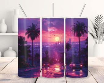 80s Vaporwave Miami Sunset, Neon Pink Palm Trees and City, Retro 80s Y2K Nostalgia, Sublimation PNG, 20oz Skinny Tumbler DIGITAL DOWNLOAD