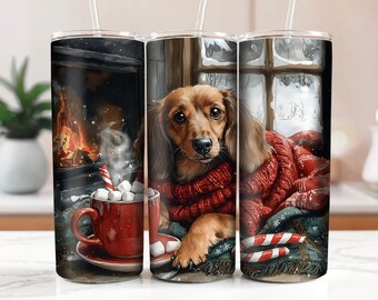 May include: A brown and white dachshund dog wearing a red sweater sits by a fireplace with a mug of hot chocolate and candy canes. The dog is looking at the camera. The image is on a tumbler.