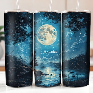 Aquarius Moonlit River 20oz Skinny Tumbler Wrap, Feminine Zodiac Design, Astrology Sublimation PNG, Blue Astrology Woman DIGITAL DOWNLOAD