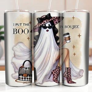 Funny Halloween Girl with Leopard Boots and Hat, Glamorous Coquette Fashion, Boo in Boujee Humor, 20oz Skinny Tumbler DIGITAL DOWNLOAD