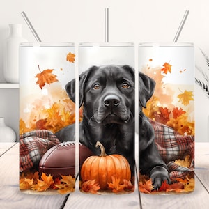 Puede incluir: Un perro Labrador Retriever negro con una calabaza y una pelota de fútbol delante de él. El perro está sentado en una manta a cuadros con hojas de otoño a su alrededor. El fondo es una pintura de acuarela de hojas de otoño.