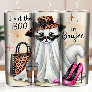 Funny Halloween Cat with Leopard Accessories, Glamorous Coquette Fashion, Boo in Boujee Humor, 20oz Skinny Tumbler DIGITAL DOWNLOAD
