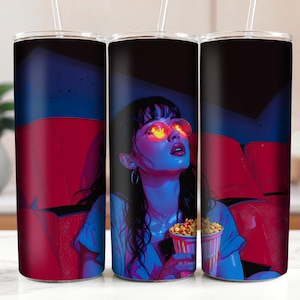 Cyberpunk Movie Theater 20oz Skinny Tumbler Wrap, Retro Glasses Girl, Vaporwave Anime Woman, Date Night, 80s Y2k Aesthetic DIGITAL DOWNLOAD