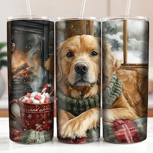 Golden Retriever in a Green Scarf, Christmas Dog Lovers Gift, Cozy Hygge Winter Scene, Candy Cane Cup, 20oz Skinny Tumbler DIGITAL DOWNLOAD