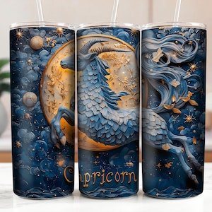 Zodiac Capricorn Design, Star Sign, Full Moon and Starry Sky, Blue and Gold Mystical Goat, Astrology 20oz Skinny Tumbler DIGITAL DOWNLOAD