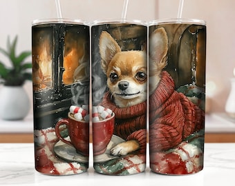 Könnte beinhalten: Eine weiße Keramiktasse mit rotem Rand und Henkel, gefüllt mit Marshmallows und heißer Schokolade. Ein Chihuahua in einem roten Pullover sitzt neben der Tasse, mit einem Kamin und einer verschneiten Landschaft im Hintergrund.