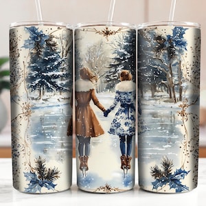 Winter Ice Skating Lesbians, Elegant Winter Scene Tumbler Wrap, Cozy Retro Holiday, Romantic LGBT 20oz Skinny Tumbler DIGITAL DOWNLOAD