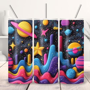 Claymation Space Galaxy 20oz Skinny Tumbler Wrap, Saturn Stars and Planets, Retro 80s Kids Water Bottle, DIGITAL DOWNLOAD