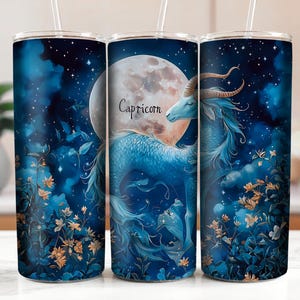 Zodiac Capricorn Design, Star Sign, Boho Celestial Botanical, Blue and Gold Mystical Goat, Astrology 20oz Skinny Tumbler DIGITAL DOWNLOAD