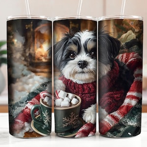 Cozy Tricolor Shih Tzu Tumbler Wrap, Christmas Puppy Gift, Doodle Dog Art, Seasonal Dog Tumbler Wrap, 20oz Skinny Tumbler DIGITAL DOWNLOAD