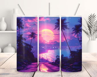 Neon Pastel Y2K Miami Sunset, Palm Trees and Beach City, Vaporwave Cyberpunk Nostalgia Sublimation PNG, 20oz Skinny Tumbler DIGITAL DOWNLOAD