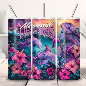 20oz Skinny Tumbler Mermaid Dreams Sublimation Wrap Tropical Hibiscus PNG Dolphin Tumbler Design Beach Girl Gift DIGITAL DOWNLOAD
