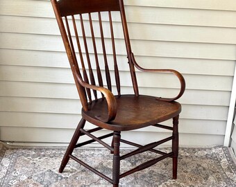 Antique English Arts & Crafts Late 19th C. Spindle Stick Pressed Back Windsor Dark Wood Armchair Chair