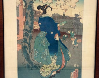 Utagawa Kunisada Toyokuni III Antique 19th C. Woodblock Ukiyo-e Print Japanese Geisha in Kimono
